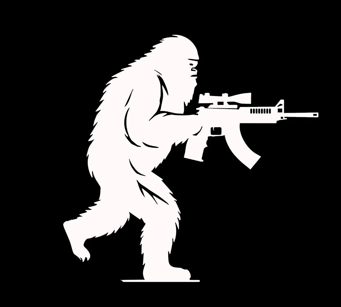 Sasquatch Bigfoot Holding AR15 Gun Rifle Decal / Sticker