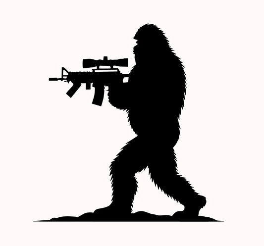 Sasquatch Bigfoot Holding AR15 Gun Rifle Decal / Sticker