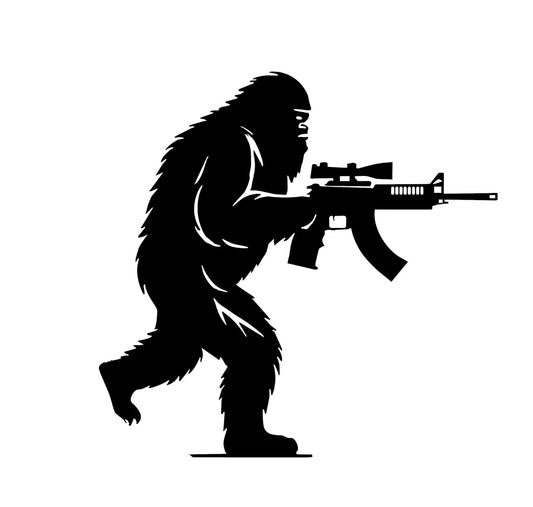 Sasquatch Bigfoot Holding AR15 Gun Rifle Decal / Sticker