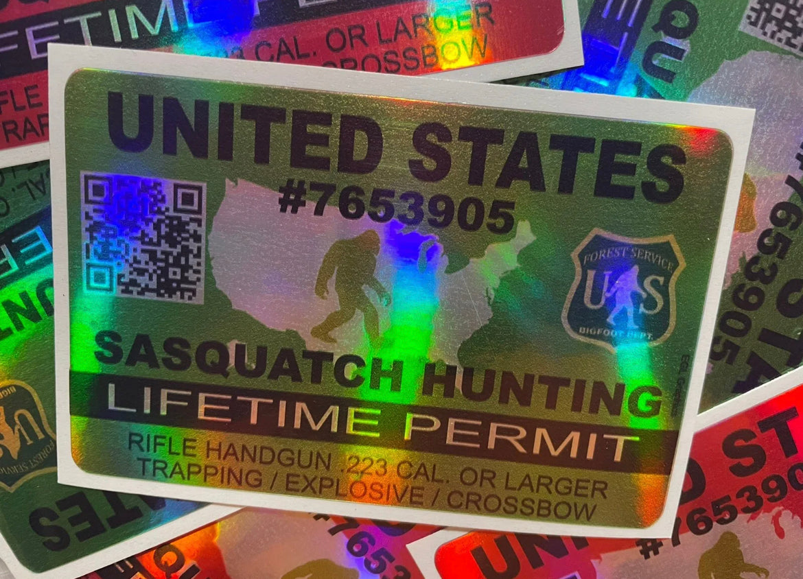 United States Sasquatch Hunting Permit Sticker Die Cut Decal Bigfoot Believe Gun